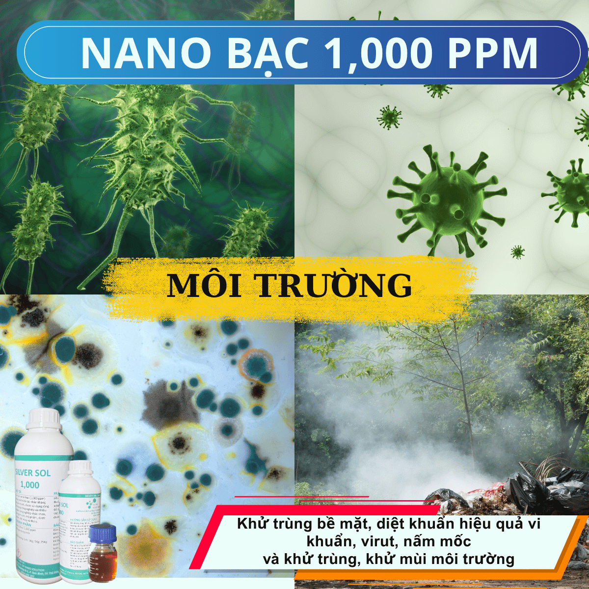Khử khuẩn bề mặt, Khử mùi nano bạc 1000 PPM. Diệt 99,99% vi khuẩn gây hại, truyền nhiễm.